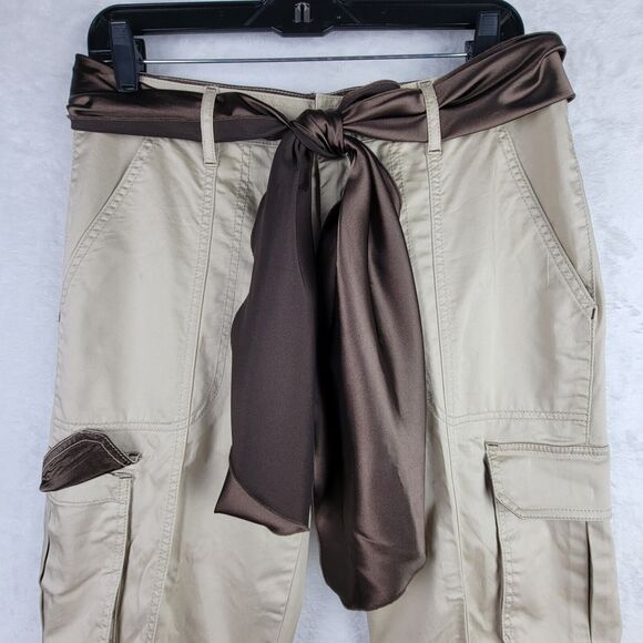 Cache Khaki Cargo Capri Brown Bohemian Scarf Belt Sz 8 Gold Button Decor Hippie - Picture 11 of 16